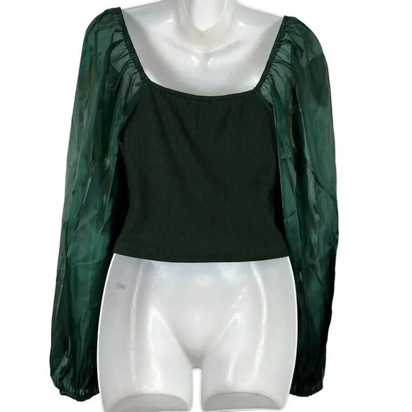 Oddy Womens Sheer Puff Sleeve Boned Ribbed Green Top Shirt Blouse NWT sz Large - Picture 9 of 16